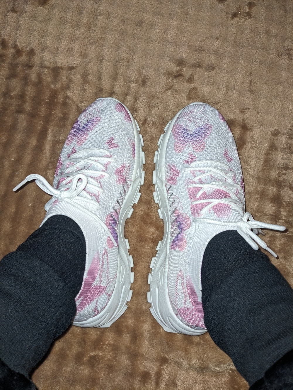 Women's White Knit Slip-On Sneakers with Pink Butterfly Pattern Size US7 EU38